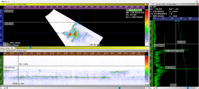 Figure 3: Sectorial PE Phased Array UT scan with S-scan (top), B-scan (bottom) and A-scan (right) of the circumferential weld, showing indications of cracking damage