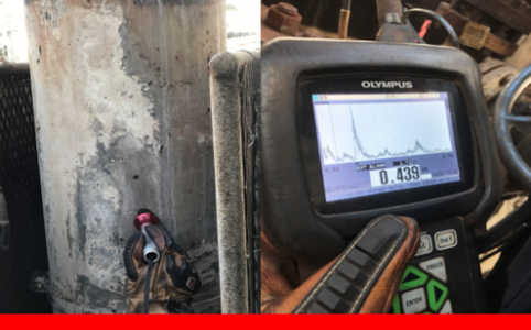 Fig. 1 (Left) Ionix HS582i probe in use at US Oil Refinery by a Mistras Inspector. Pipe temperature readings at time  of this inspection were 582°F (305°C). (Right) The thickness measurements were able to be repeated several times  with minimal cool down periods. 